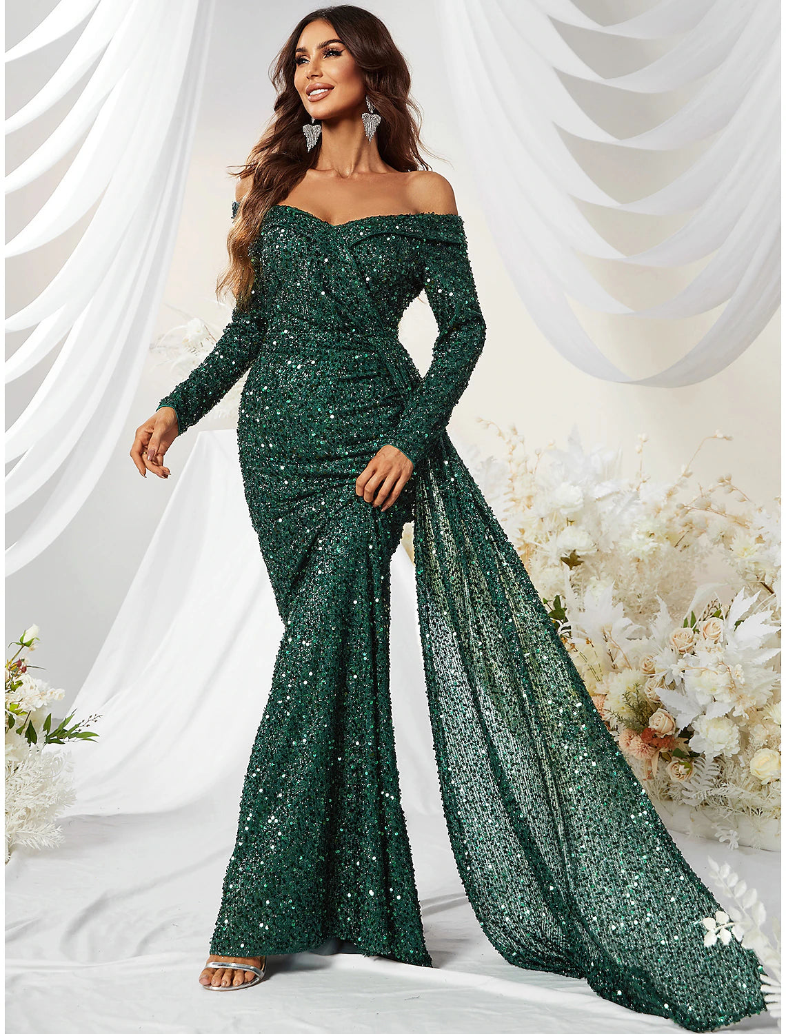 Meerjungfrau/Trompete Abendkleid Sparkle & Shine Kleid Formelle Cocktailparty Sweep/Pinsel Schleppe Langarm Schulterfrei Polyester mit Pailletten